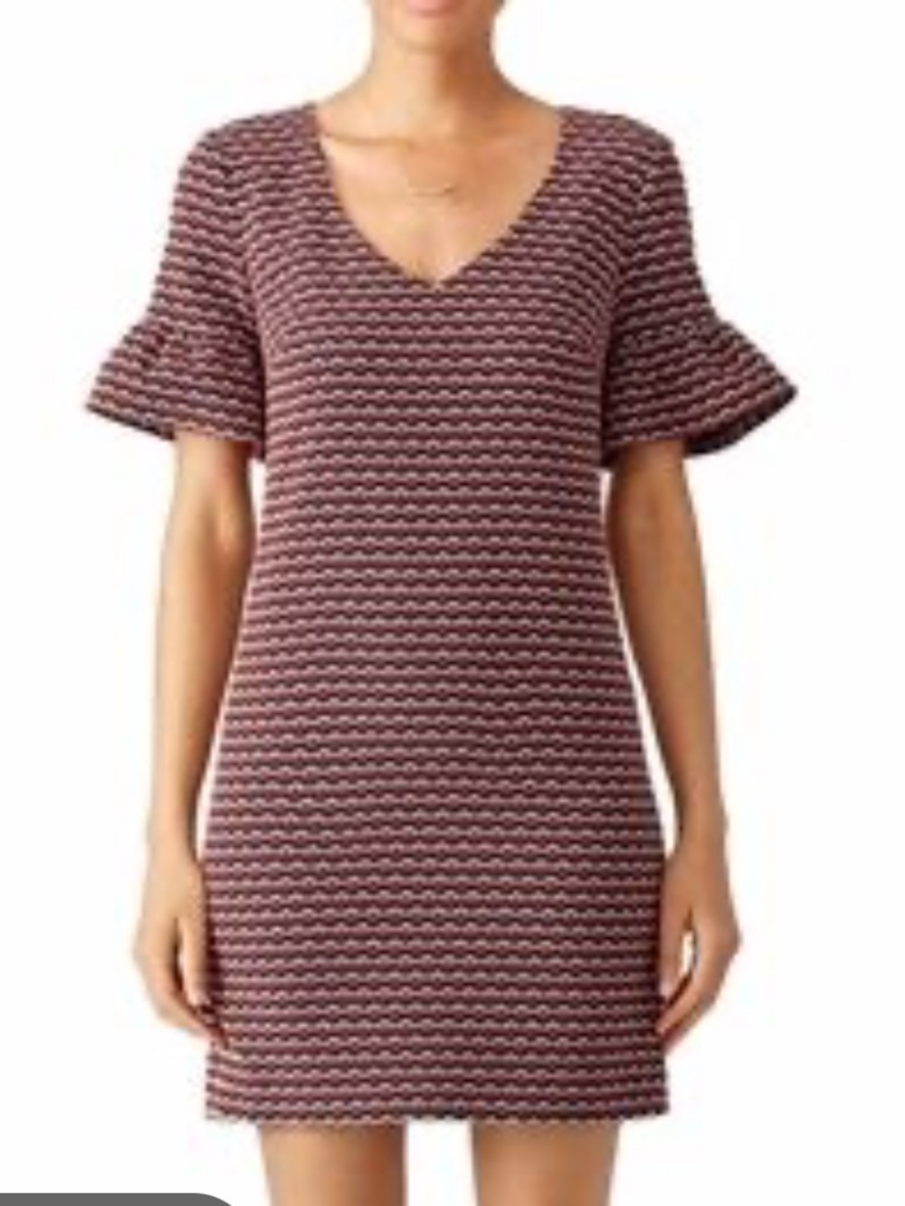 Trina Turk Burgundy Patterned V-Neck Shift Dress with Flounce Sleeves